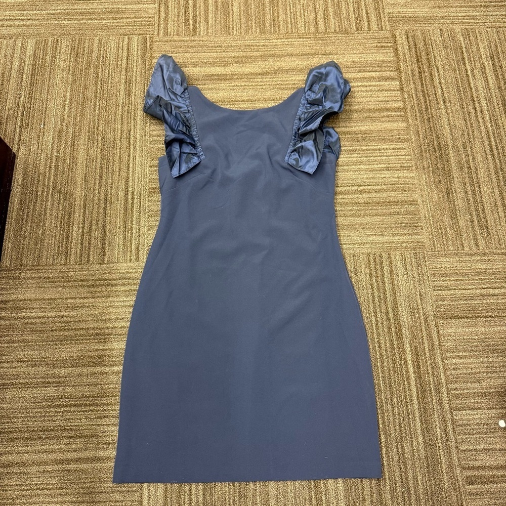 Eliza J Navy Mini Dress with Metallic Ruffle Sleeves and Open Back